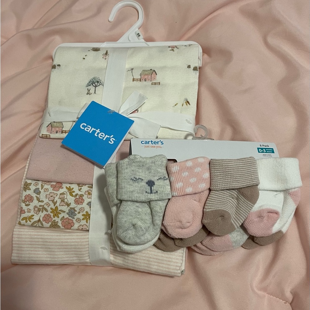Carter's Cozy Socks and Blanket Set - Pink, Gray, Cream